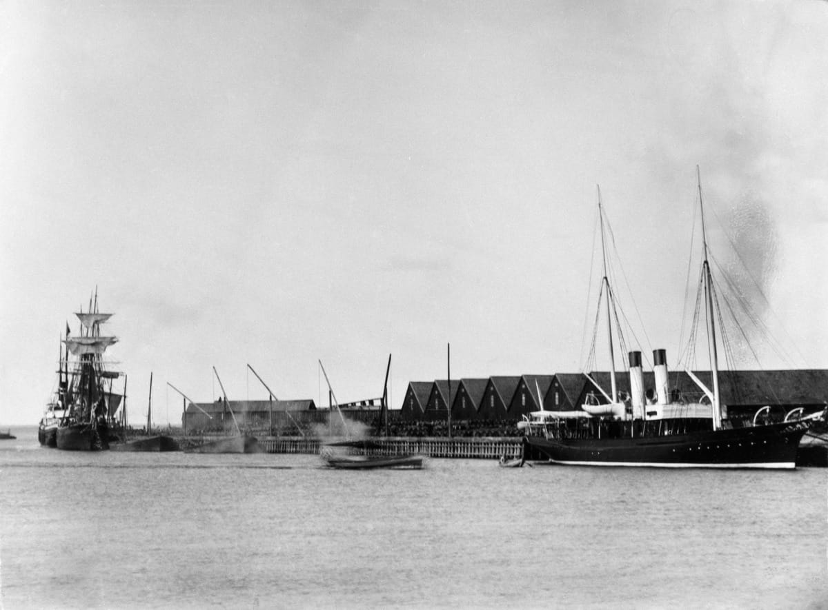 Tervahovi ennen paloa, oikealla Suomen luotsilaitoksen Eläköön. Museovirasto
